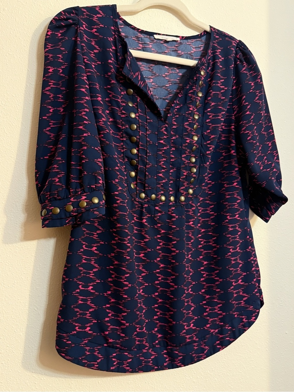 41 Hawthorn Womens Corporate Girly Studded Split Neck Blouse Size S Pink Navy